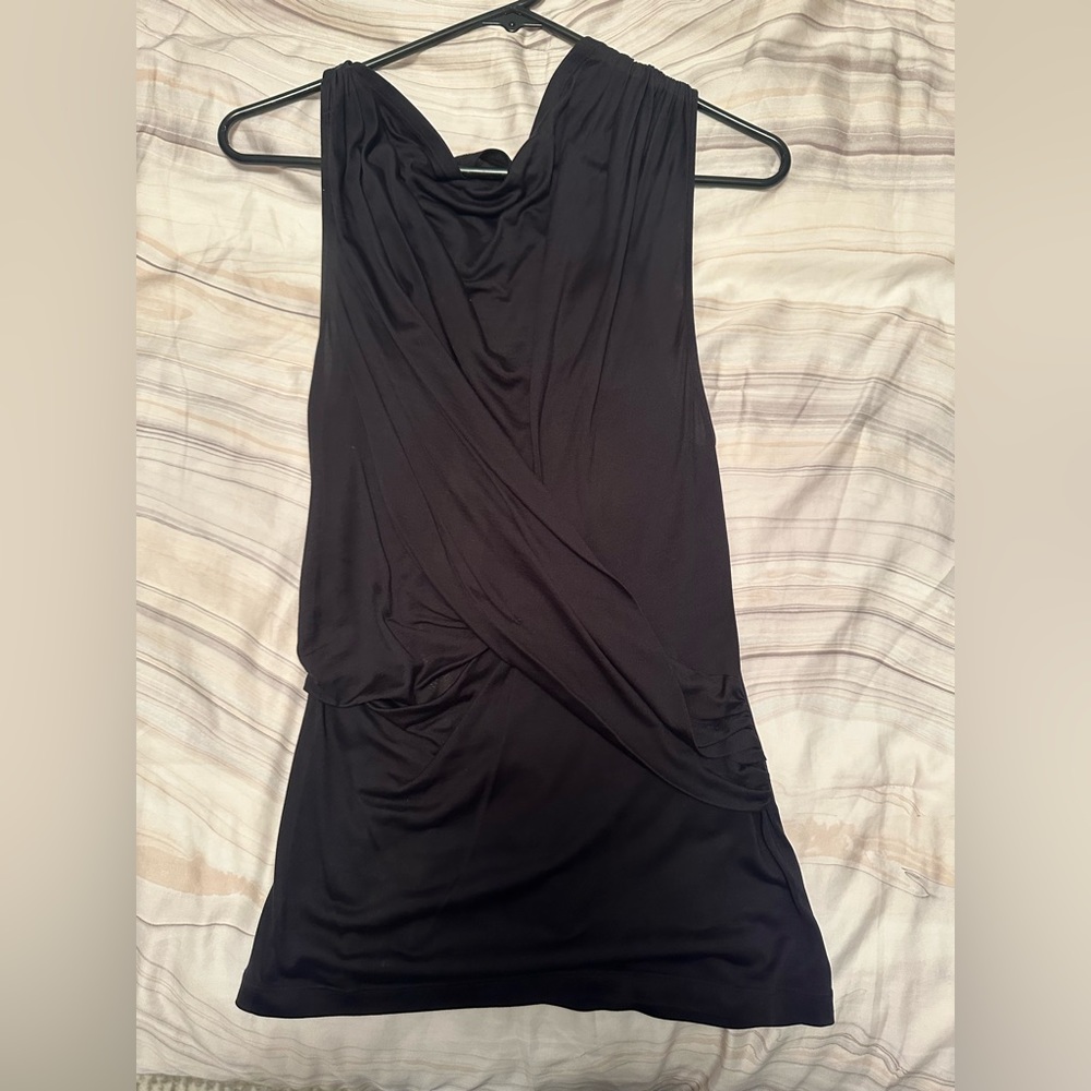 Alice + Olivia black shirred silk sleeveless top. Dramatic neon zip back
